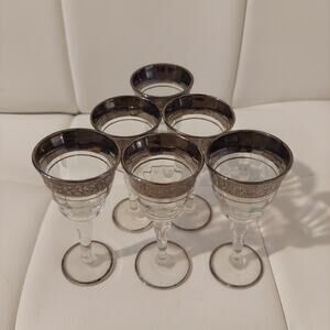 Vintage 1940s Tiffin Roses Platinum Plated 4" Crystal Cordial Glasses Set of 6
